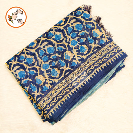 Indigo Blue Chanderi Kantha Embroidary Cotton Casual Saree