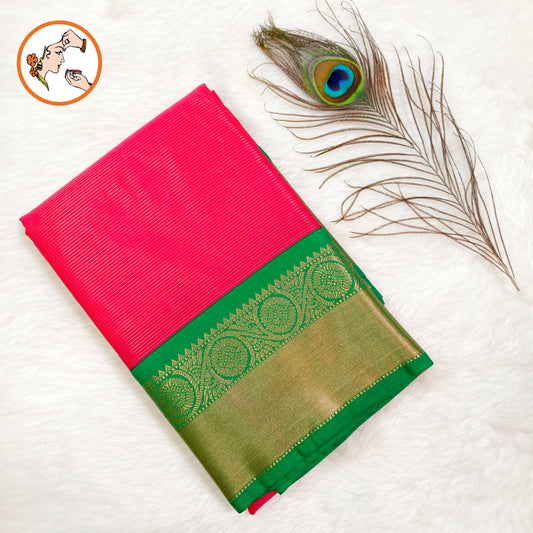 Magenta Pink with Emerald Green border Vairoosi stripes Kanchipuram Semi Silk Saree
