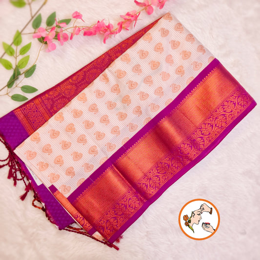 White with Purple vertical lines Copper zari Kanchipuram Soft Silk Saree