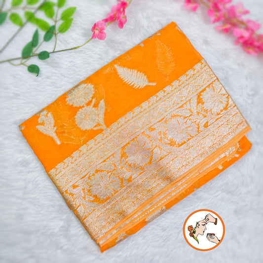 Orange Pure Organza Designer Saree with contrast Maroon blouse