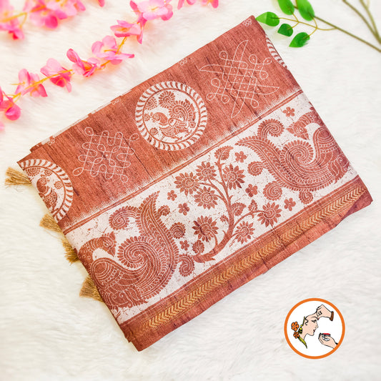 Brown Kalamkari Tussar Silk Saree with Kolam & Elephant Peacock butta