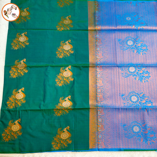 Peacocok Green with Blue borderless Soft Silk Saree with Peacock butta