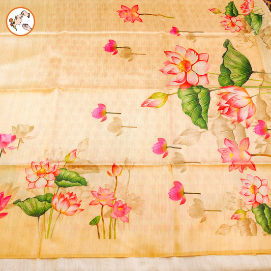 Cream Lotus Floral theme Tussar Saree Vivahasilks