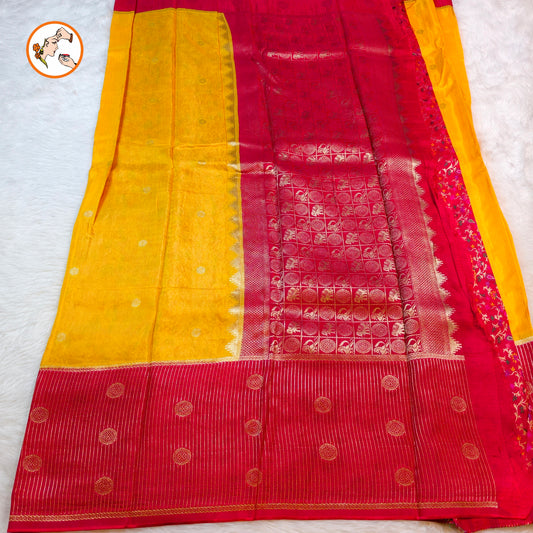 Yellow Viscose Fancy Silk Saree with Red vertical stripes border