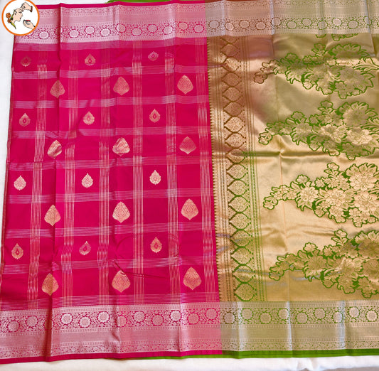Ranipink Traditional checks Kanchipuram Semi Silk with Parrot Green blouse