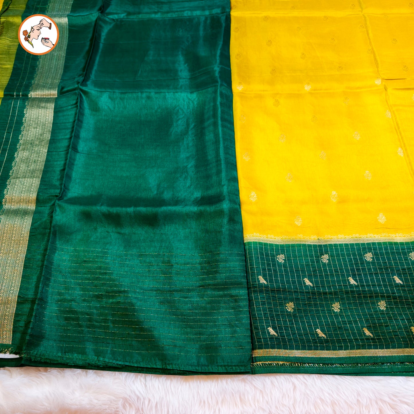 Yellow Viscose Soft Silk Sareewith Dark Green checks border