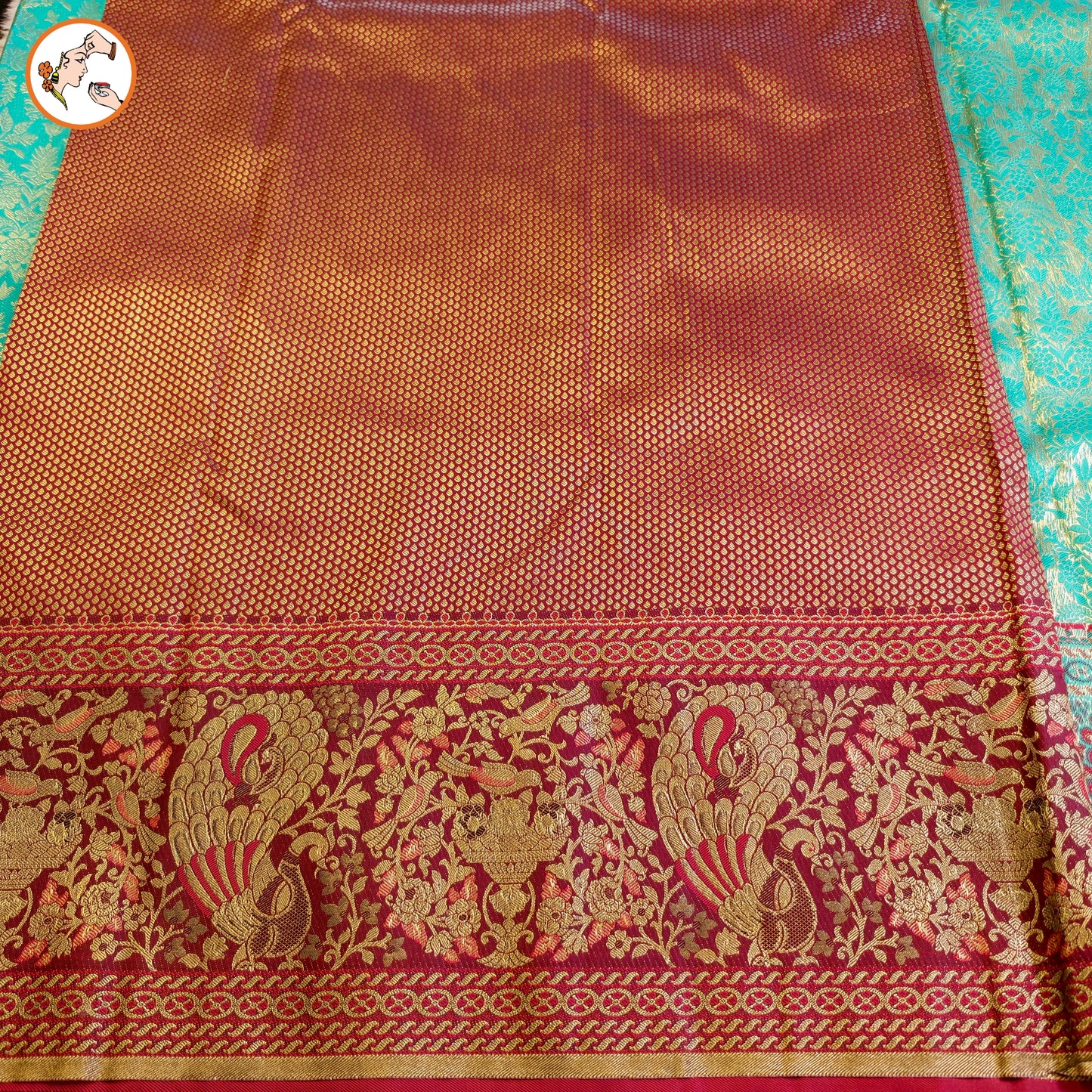 Turquiose Green with Maroon Fancy border Bridal Kanchipuram Mix Silk Saree