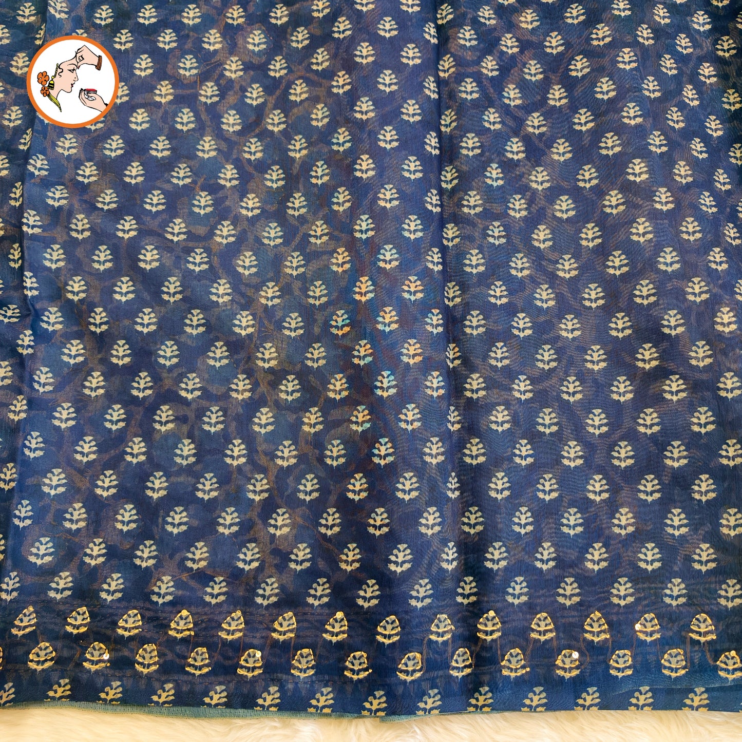 Indigo Blue Chanderi Kantha Embroidary Cotton Casual Saree