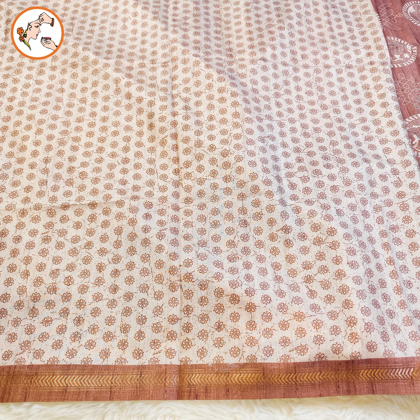 Brown Kalamkari Tussar Silk Saree with Kolam & Elephant Peacock butta