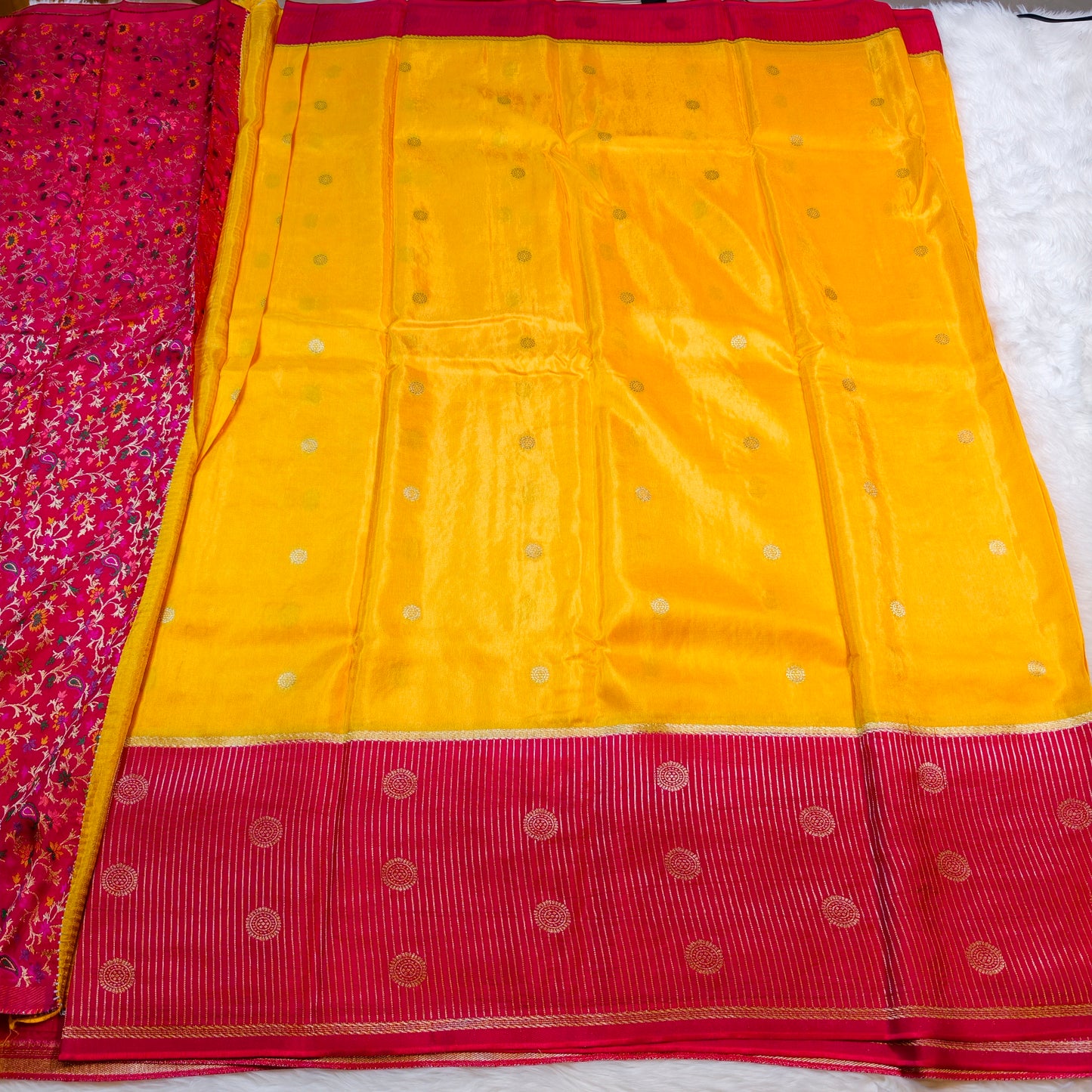 Yellow Viscose Fancy Silk Saree with Red vertical stripes border