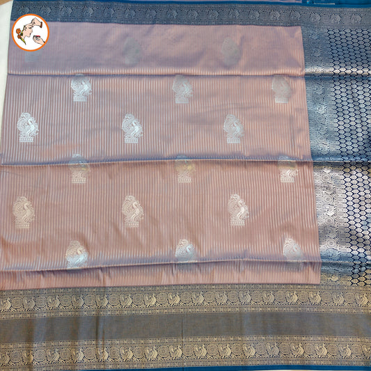 Pinkish Grey with Blue border Soft Silk Saree with Vertical stripes & Peacock motifs