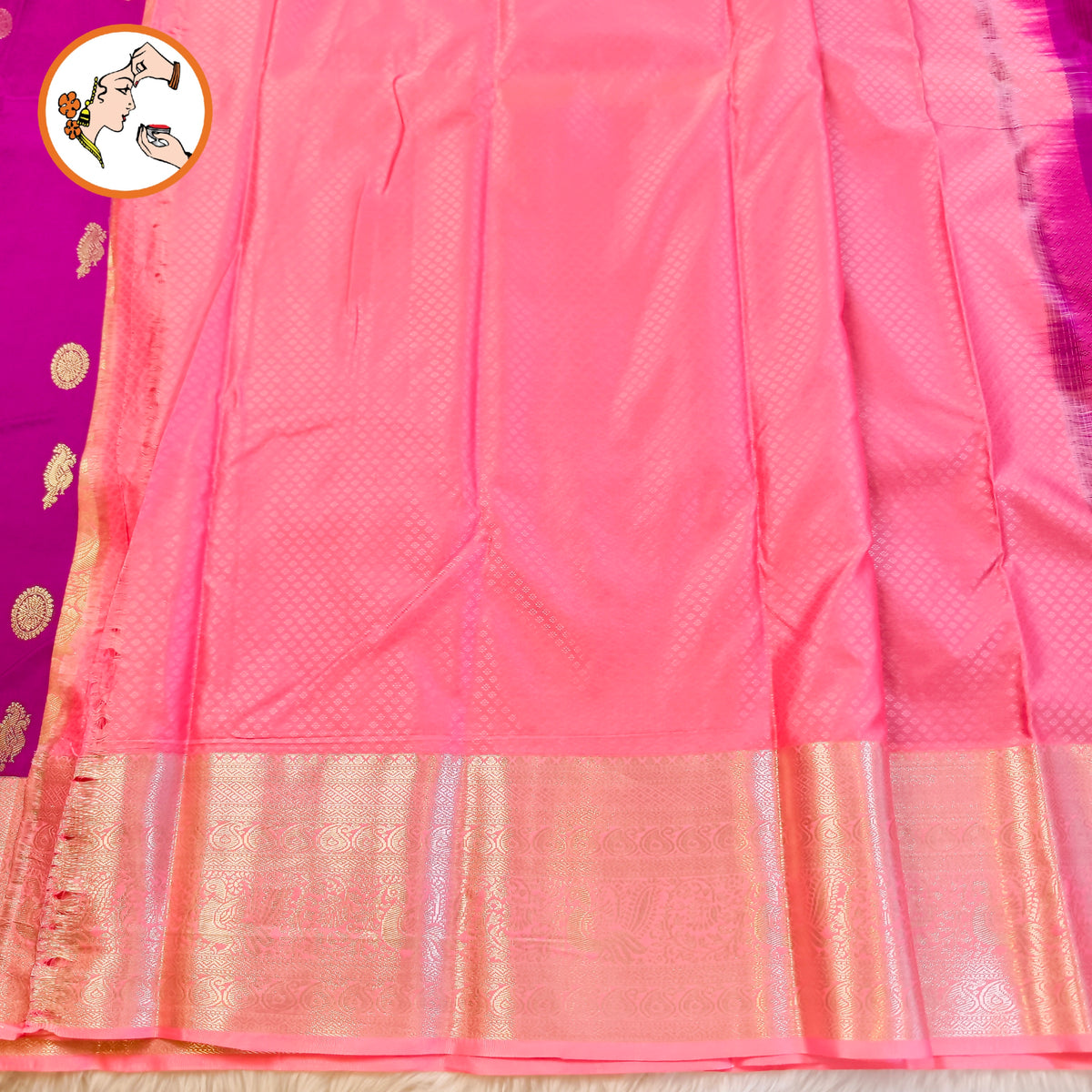 Purple with Baby Pink border Mayil chakram butta Kanchipuram Mix Silk Saree