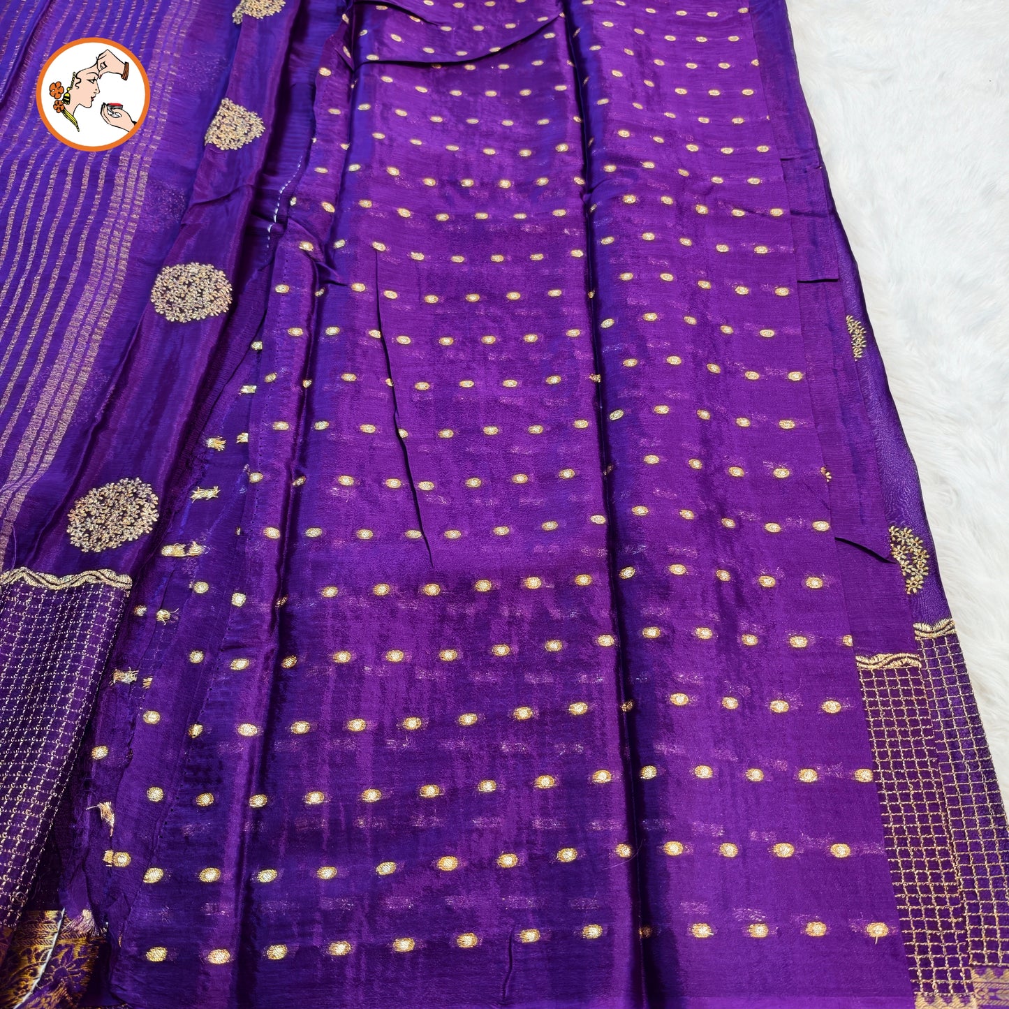 Purple colour Golden Embriodery Premium Wrinkle Chiffon Georgette Designer Saree