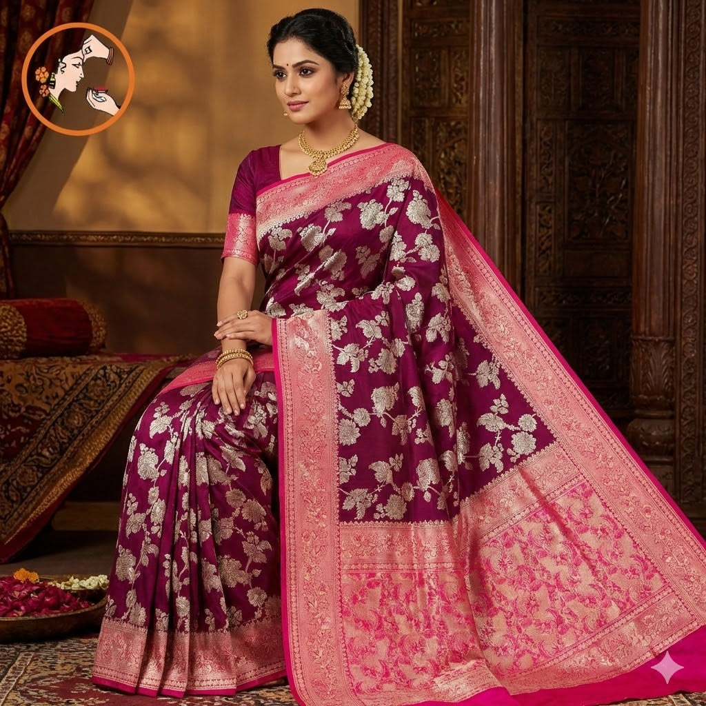 Wine colour with Pink border floral Jaal design Banarasi Silk Saree (Light Weight)