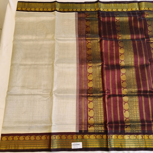 Off white with brown traditional Podi Kattam silk cotton saree