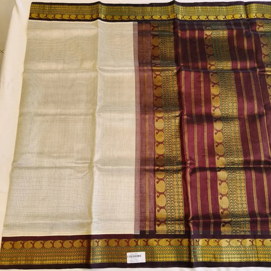 Off white with brown traditional Podi Kattam silk cotton saree Vivahasilks