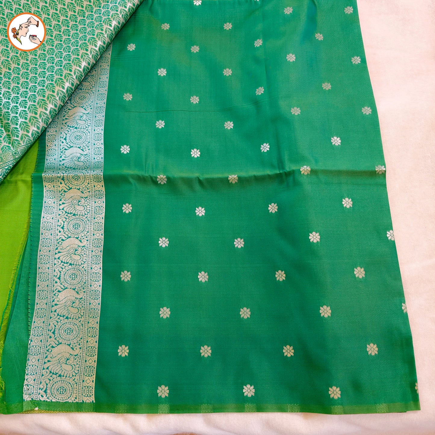 Parrot Green Soft Silk Saree with Vertical Stripes & Peacock motifs