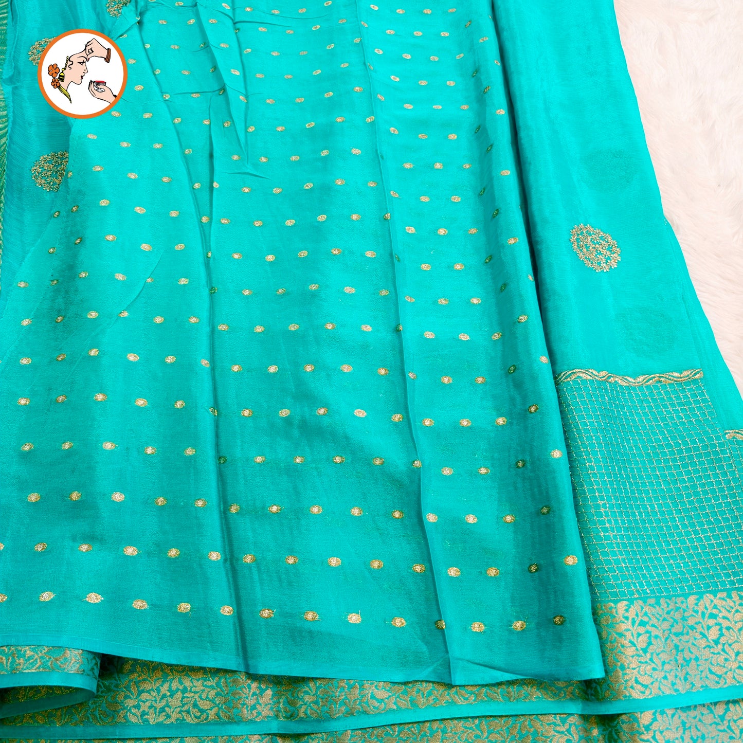 Sky Blue Golden Embriodery Premium Wrinkle Chiffon Georgette Designer Saree