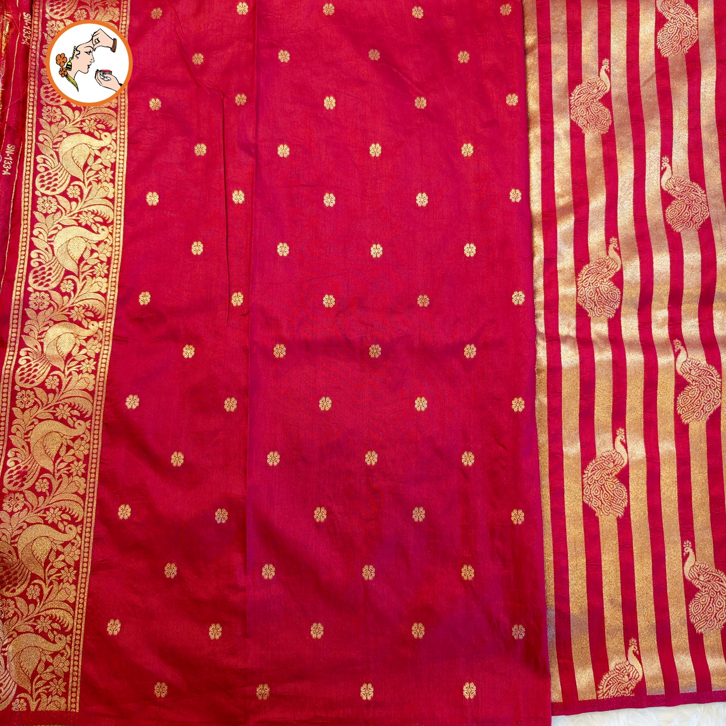 Maroon borderless golden stripes Peacock motif Fancy Silk Saree