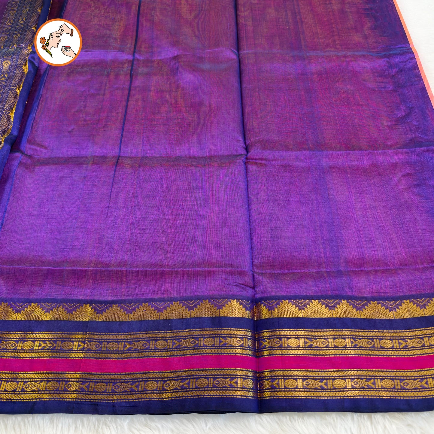 Peachy Pink Traditional Pure Silk Cotton Saree with Royal Blue border
