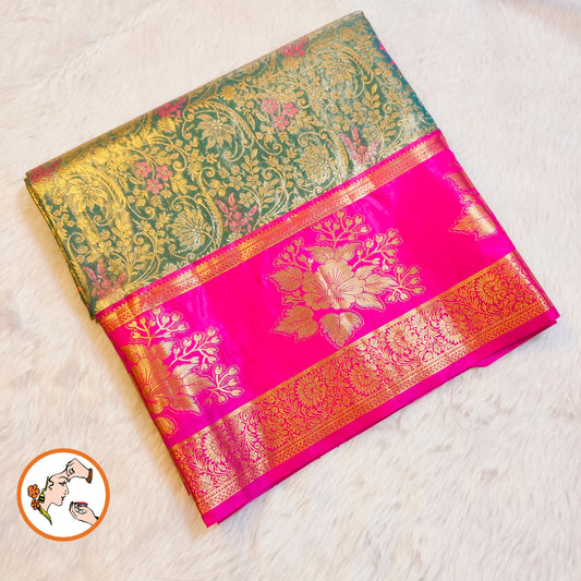 Dark Green with Magenta Floral border intricate Gold zari Floral weaving Kanchipuram Bridal High Tissue Silk Saree