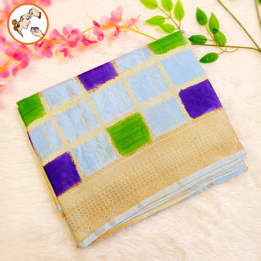 Ice Blue multicolour checks Rangkat Soft Banarasi Silk Partywear Saree (Light Weight)