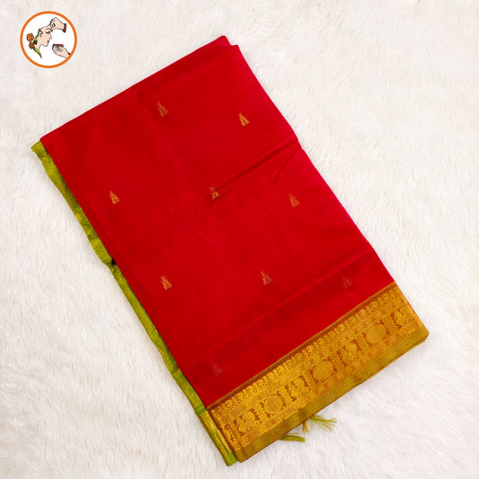 Red Traditional Pure Silk Cotton Saree with Green Peacock border