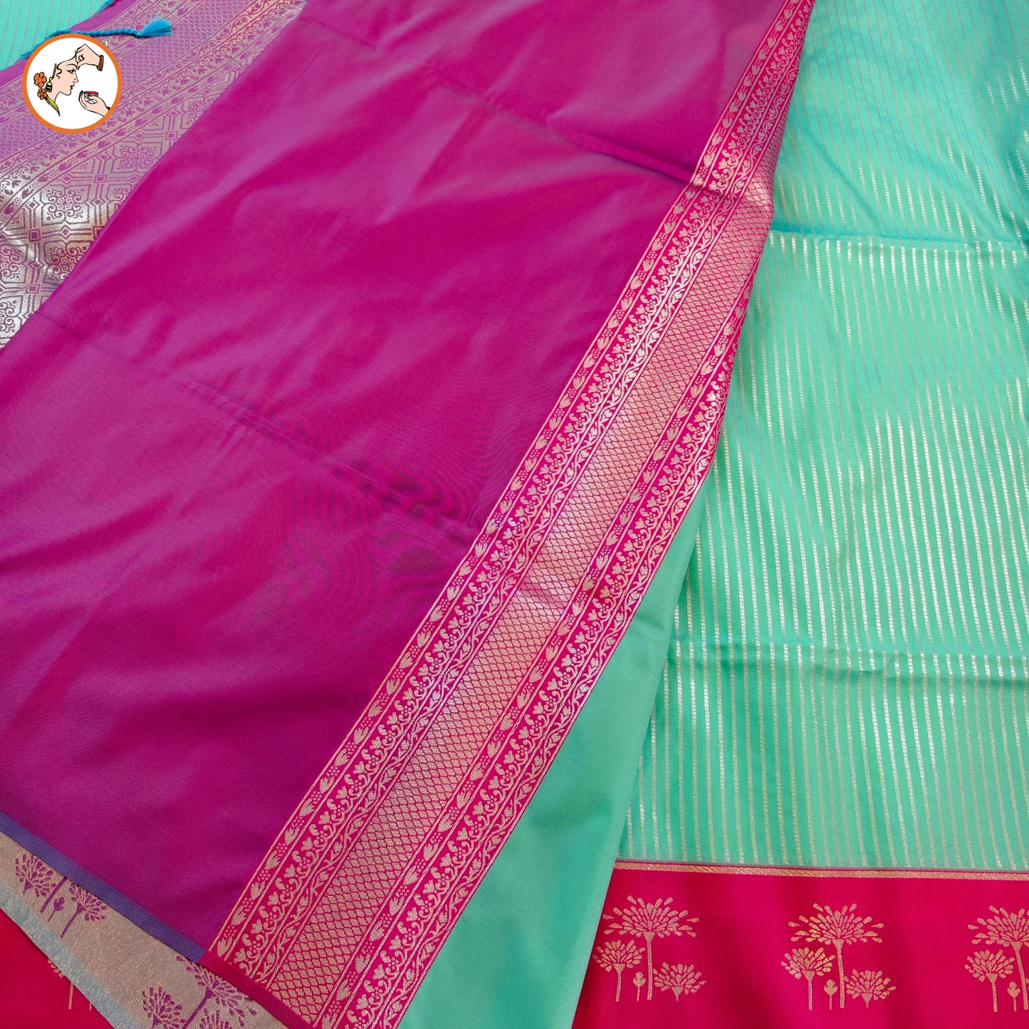 Sky Blue with Purple Soft Silk Saree with Stripes & fancy border