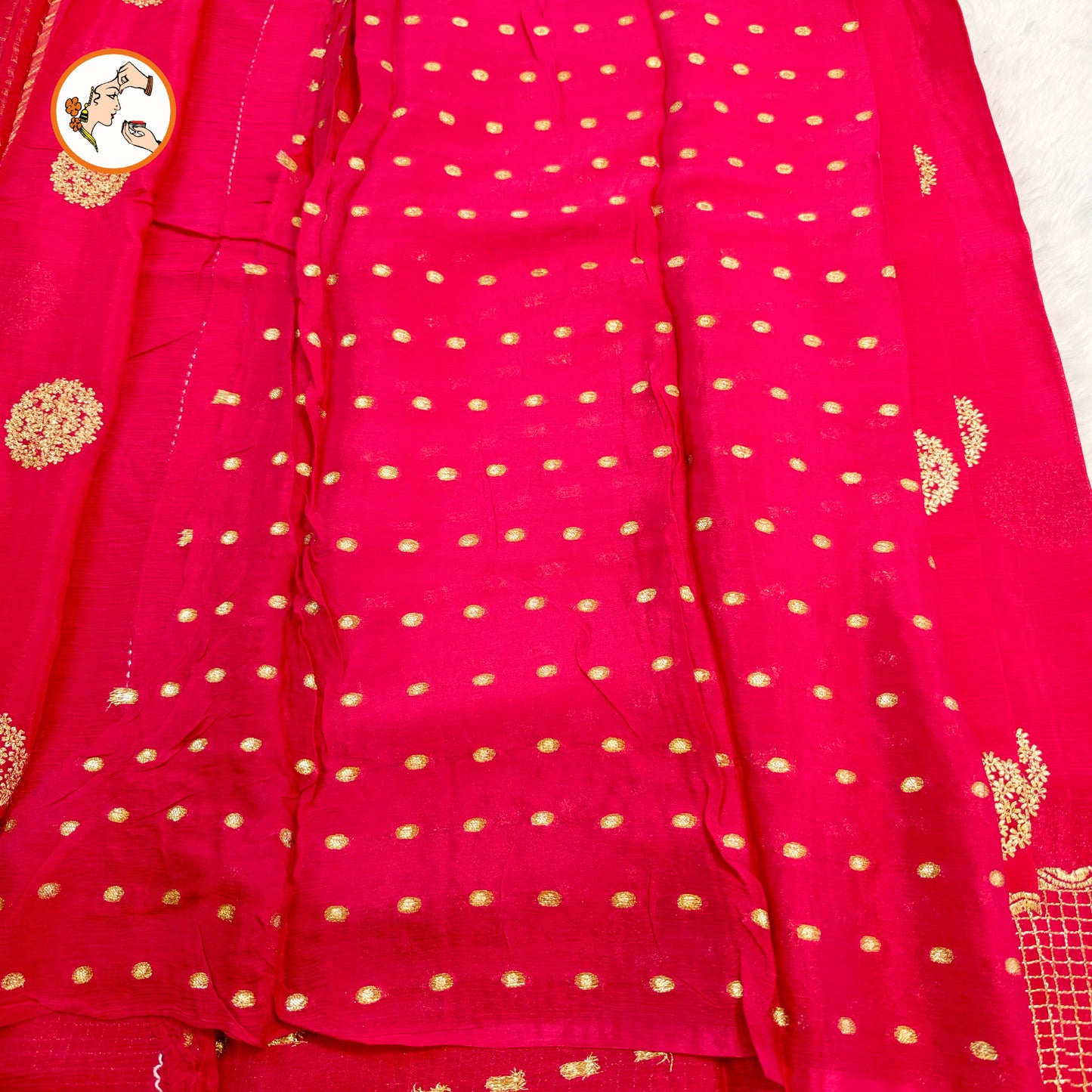 Red Colour Golden Embriodery Premium Wrinkle Chiffon Georgette Designer Saree