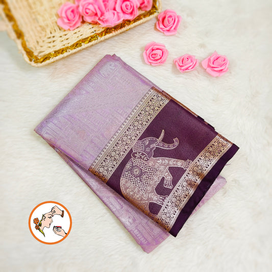 Lavender with Purple elephant border Kanchipuram Tissue Silk Saree