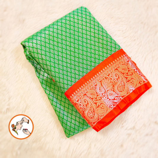 Dark Green with Orange border Silver zari weaving Kanchipuram Mix Silk Saree