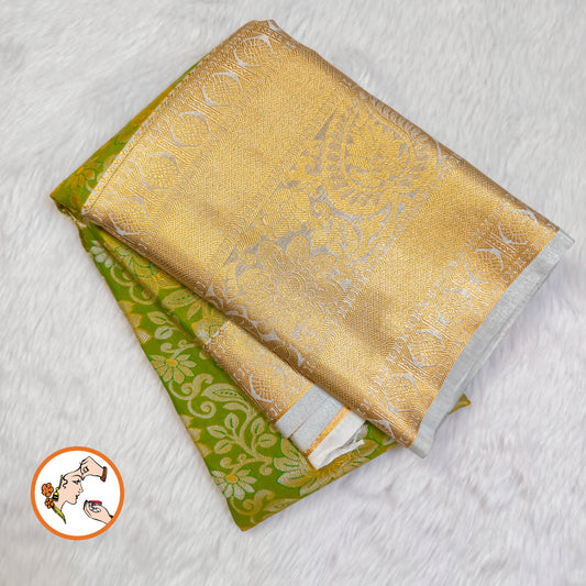 Parrot Green & Offwhite border with Silver Floral weaving body & gold zari border Kanchipuram mix Silk Saree