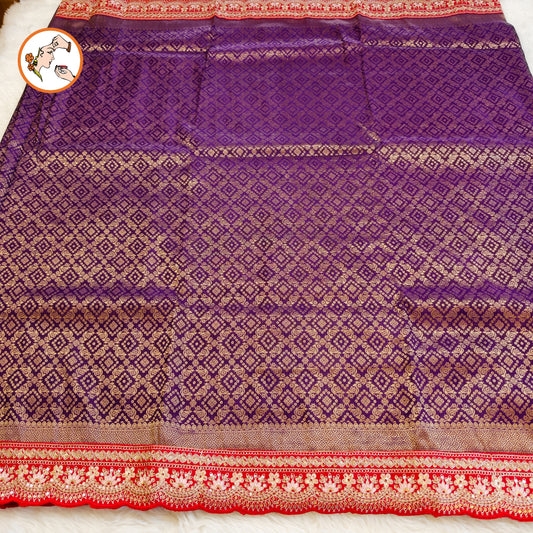Purple with Red lace border Banarasi Silk Partywear Saree