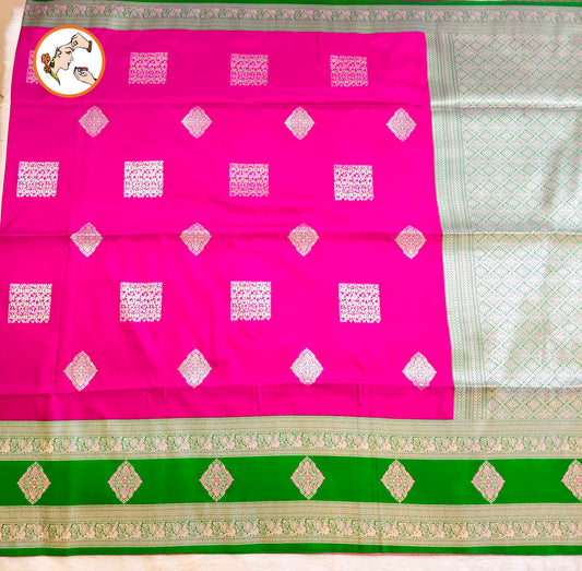 Rani Pink with Green border Soft Silk Saree