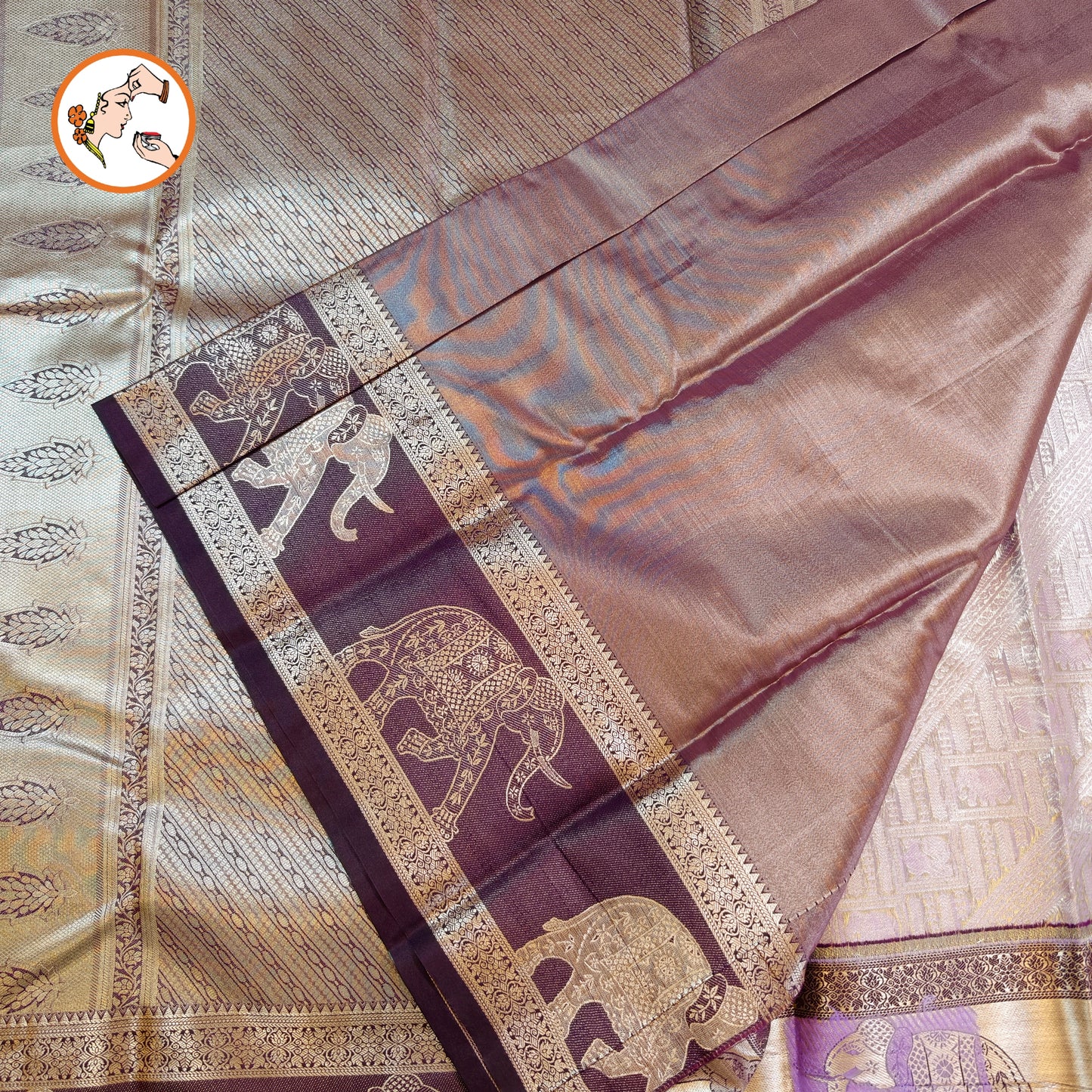Lavender with Purple elephant border Kanchipuram Tissue Silk Saree