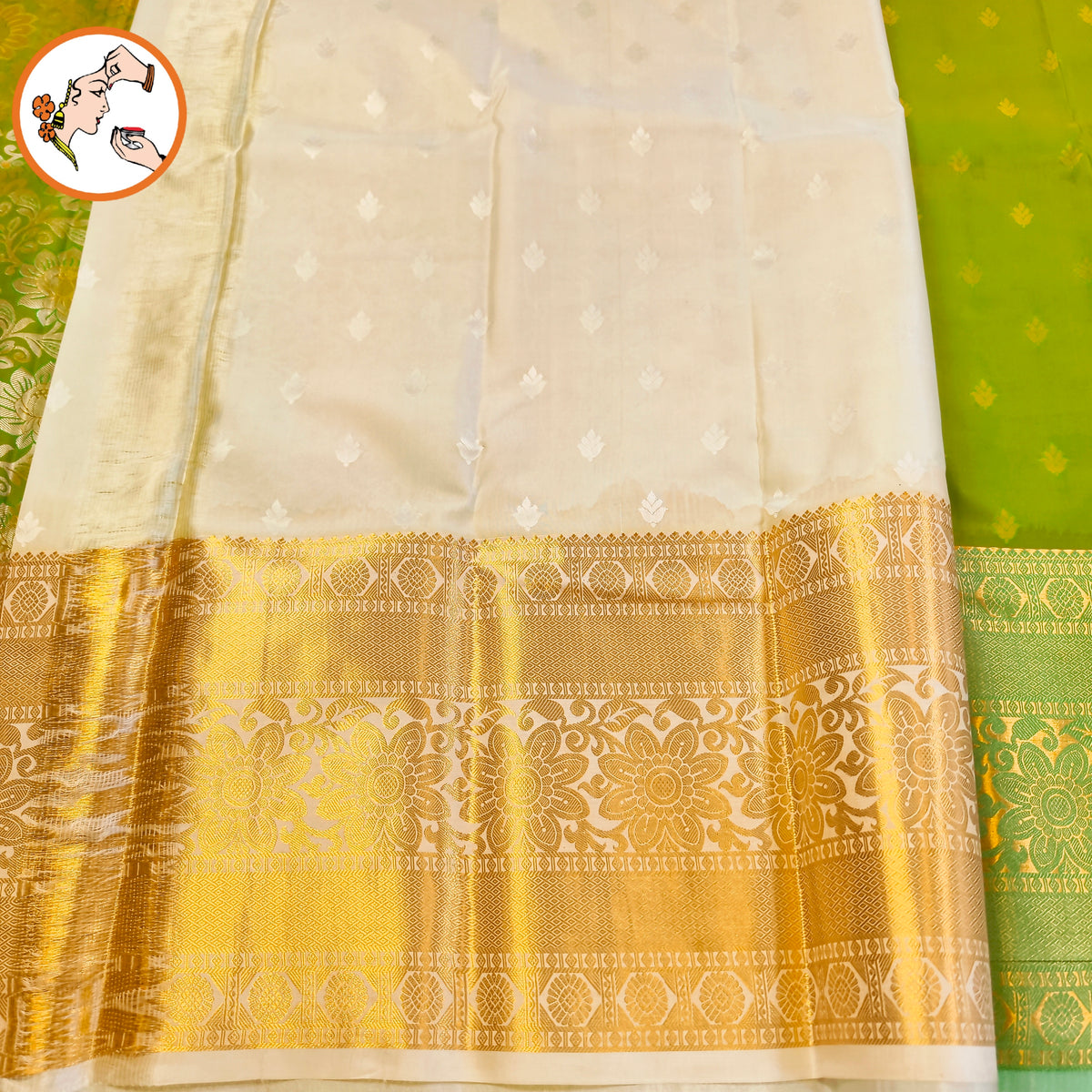 Parrot Green & Offwhite border with Silver Floral weaving body & gold zari border Kanchipuram mix Silk Saree