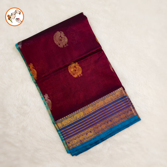 Dark Purple (Arakku) with Sky Blue Peacock motif Traditional Pure Silk Cotton Saree