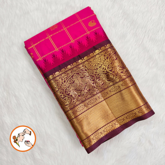 Dark Pink with Brown Temple border Gold zari weaving Traditional Kattam Mango butta Kanchipuram Mix Silk Saree