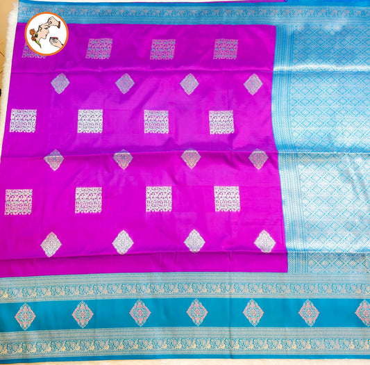 Purple with Sky Blue border Soft Silk Saree