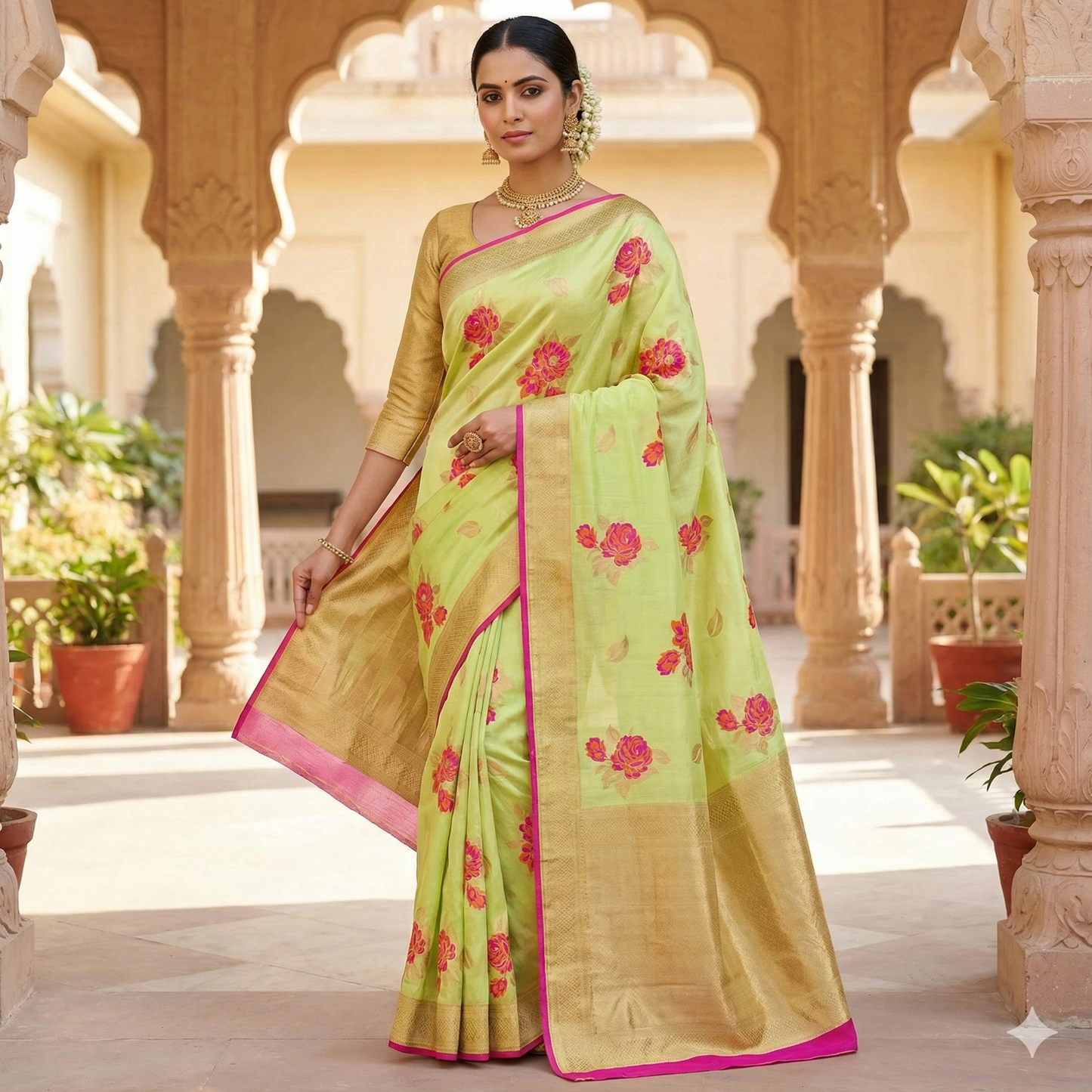 Lime Green floral Half Saree Banarasi Style Silk Designer Saree
