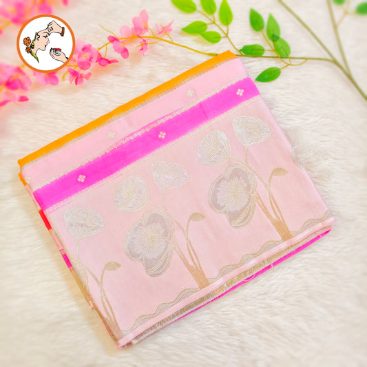 Light Pink multicolour stripes Fancy border Satin Banarasi Silk Partywear Saree