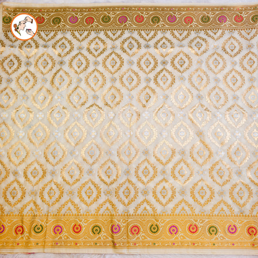 Off white Jaal design Meenakari work border Soft Banarasi Silk Partywear Saree