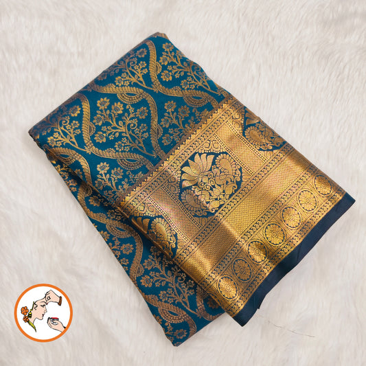 Teal Blue (Peacock Blue) Brocade Gold zari Floral weaving Kanchipuram Bridal Mix Silk Saree