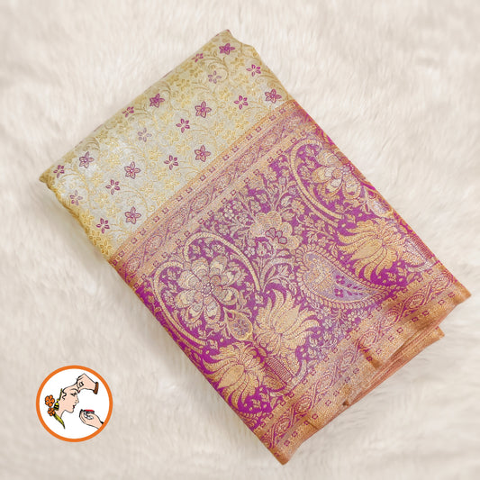 Off white with Purple Fancy border Kanchipuram MIx High Tissue Silk Saree