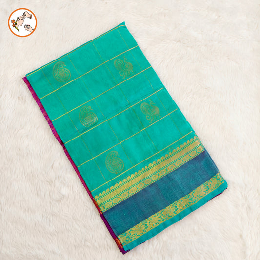 Turquiose Blue Traditional checks with mango & mayil motif Pure Silk Cotton Saree