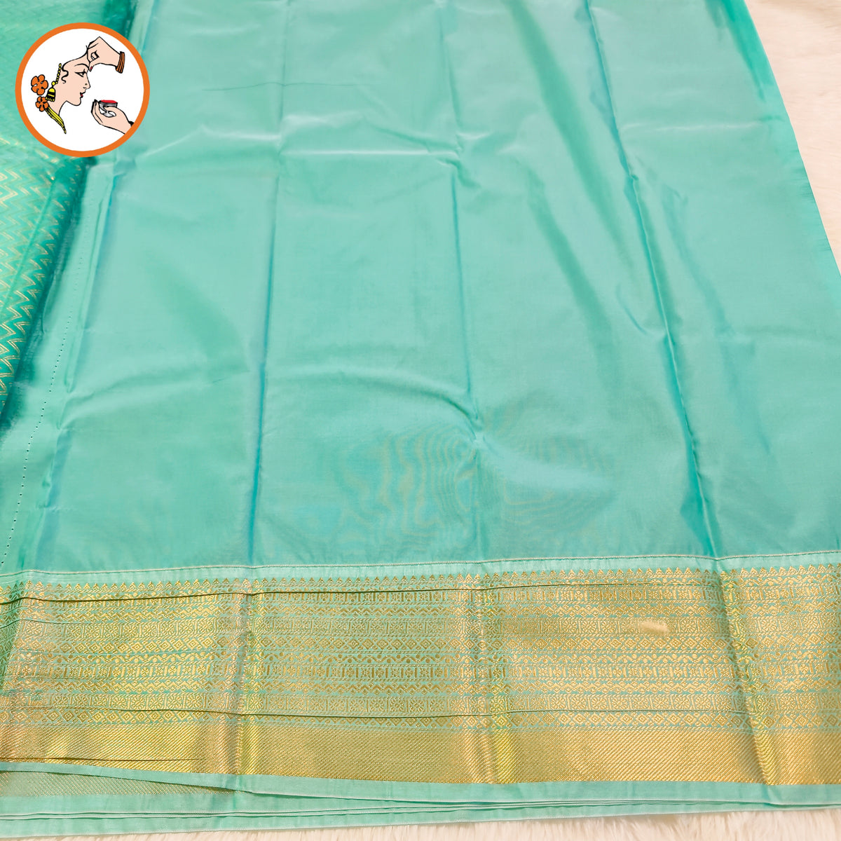 Dark Blue with Turquiose border Kattam pattern peacock & chakram motif Kanchipuram Semi Silk Saree