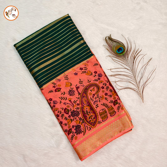 Dark Green & Peach designer semi Mysore Silk Saree