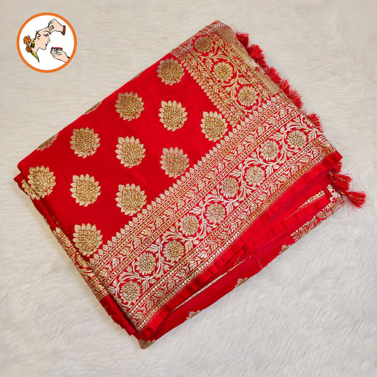 Red Bridal Pure Banarasi Partywear Saree with Zircon stones