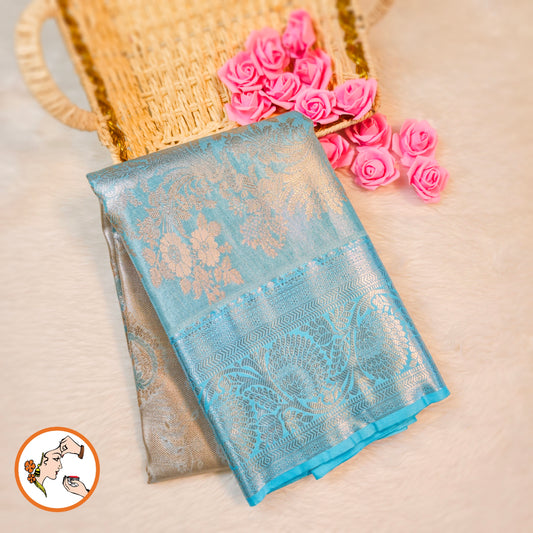 Silver with Sky Blue border Kanchipuram Tissue Silk Saree