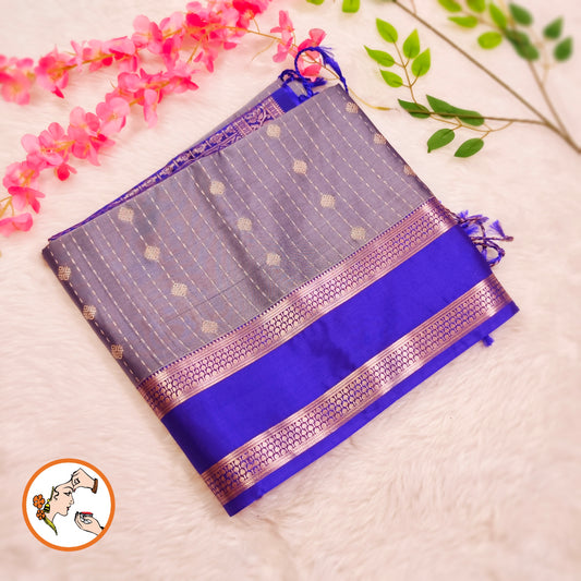 Greyish Blue with Blue Raindrop design Retta Petta border Semi Soft Silk Saree